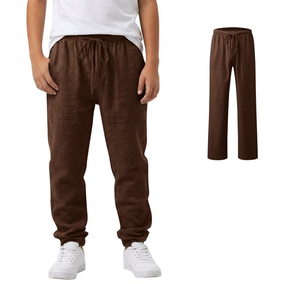 Boys' Linen Pull-On Brown Jogger Casual Beach Trousers Elastic Loose Fit Lightweight Linen Summer Pants 12-13 Years