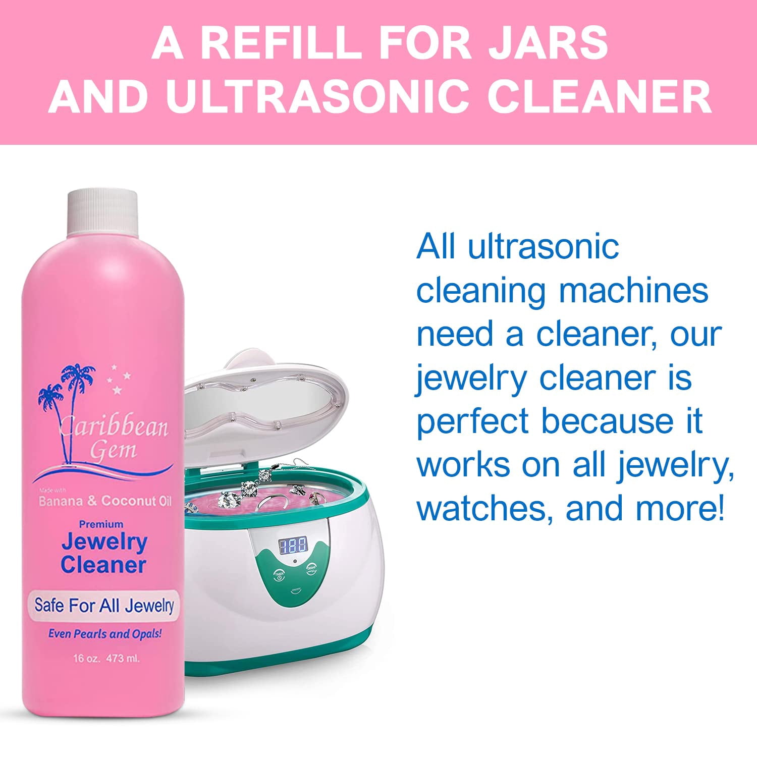 Caribbean Gem Jewelry Cleaner 16oz, Includes Basket 8oz, Brush, Polishing Cream, White, 1 Count