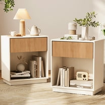 Fluted Nightstands Set Of 2, Modern Mid - Century Wood Bedside Table With Drawer & Open Storage Shelf, End Table For Bedroom, Living Room, Office, Sofa Side Couch (White Oak)