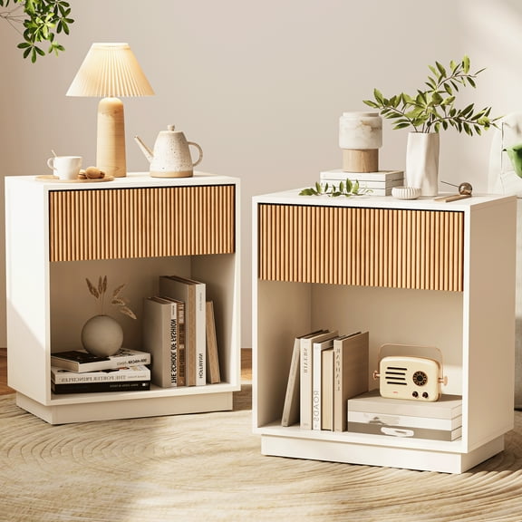 Fluted Nightstands Set Of 2, Modern Mid - Century Wood Bedside Table With Drawer & Open Storage Shelf, End Table For Bedroom, Living Room, Office, Sofa Side Couch (White Oak)