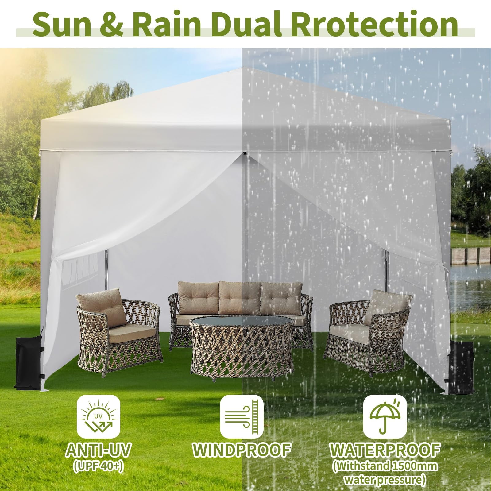 10x10 Pop Up Canopy with 4 Removable Sidewalls, Portable Enclosed Instant Tent, Waterproof Outdoor Tent, Beach Sun Shelter for Backyard Patio Garden, Easy Set Up