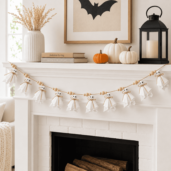 Halloween Garland Decorations, 7 Ft Halloween Cute Ghost with Wooden Beads Garland Handmade Rustic Decor for Wall Home Indoor Outdoor