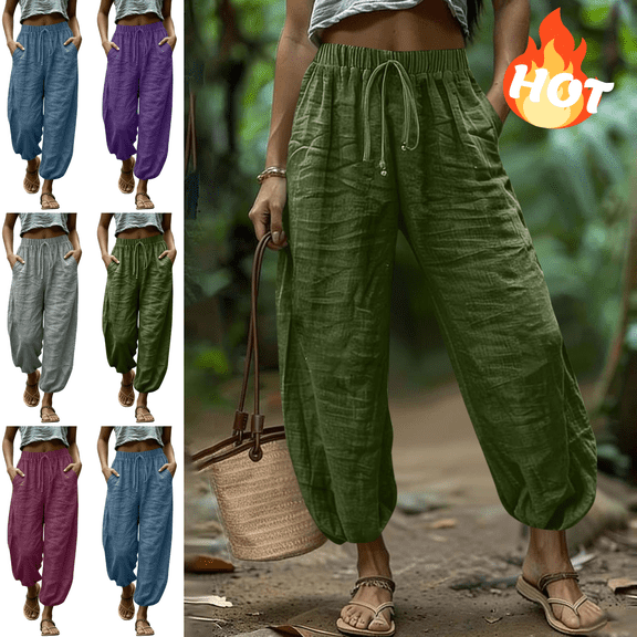 Mifsaly Womens Linen Harem Pants Boho High Waisted Drawstring Lounge Pant Beach Summer Wear Casual Loose Fit Tapered Trousers with Pockets Army Green,S