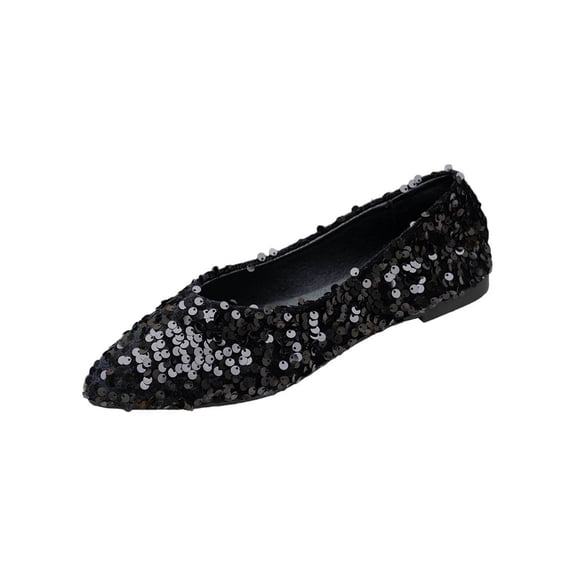 Black Womens Pumps Sequin Embellished Pointed Toe Flats Soft Soled Slip On Solid Color Closed Toe Ankle Wrapping Casual Comfortable Shoes Size 36