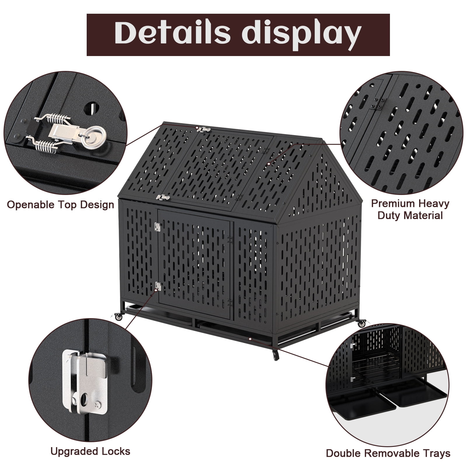 Heavy Duty Dog Crate Dog Cage, 52" Indestructible Metal Dog Kennel Lockable for Medium Large Dogs with Sturdy Door Lock and Removable Trays, Roof Top Access