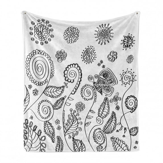 Floral Soft Flannel Fleece Blanket, Doodle Style Circular Swirled Flower Petals Butterfly Leaves Curved Branches Design, Cozy Plush for Indoor and Outdoor Use, 70" x 90", Black White, by Ambesonne
