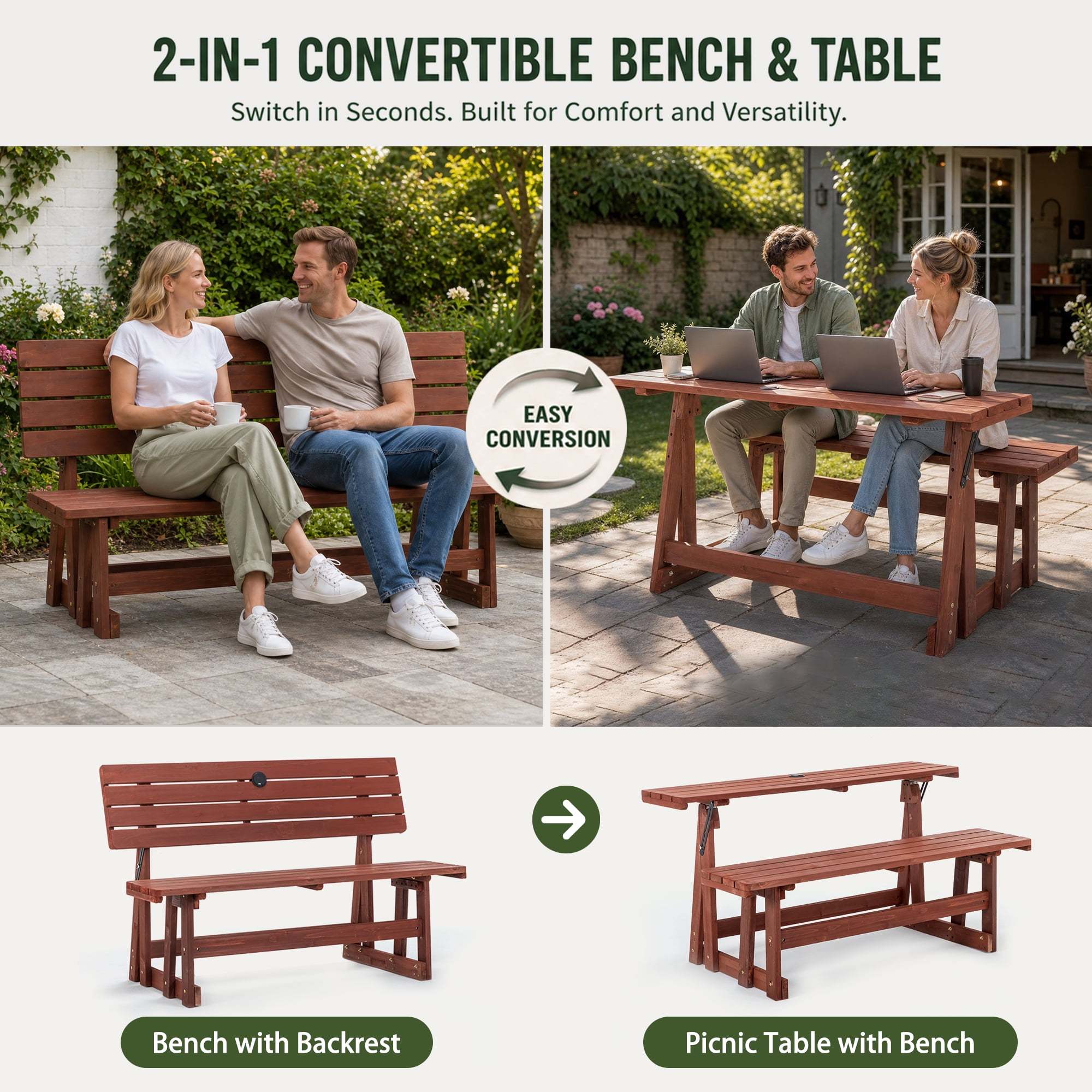 2-in-1 Convertible Bench Picnic Table, Outdoor Folding Dining Set with Backrest & Umbrella Hole, Solid Wood Waterproof & UV Resistant, For Backyard, Patio, Garden, Park Walkway