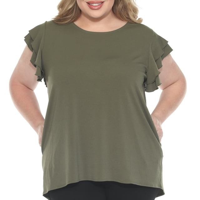 White Mark Haut Uni à Manches à Volants (Grande Taille pour Femmes)