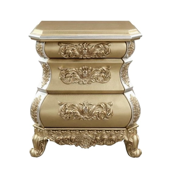 Bedroom Nightstand In Golden Sheen, 3 Drawers With Felt Lined Compartments Gold Colored For Bedroom, To Enhance Bedroom's Aesthetic
