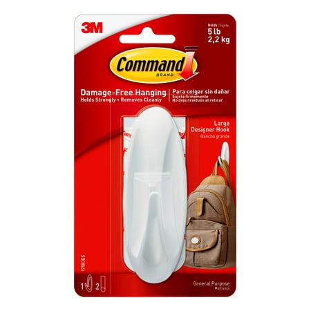 Command Designer Hook, White, Large, 1 Hook, 2 Strips/Pack