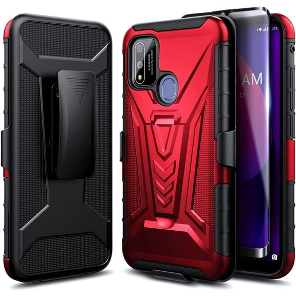 Coolpad SUVA Phone Case with Tempered Glass Screen Protector (Full Coverage), Nagebee Belt Clip Holster with Built-in Kickstand, Heavy Duty Shockproof Armor Rugged Case (Red)