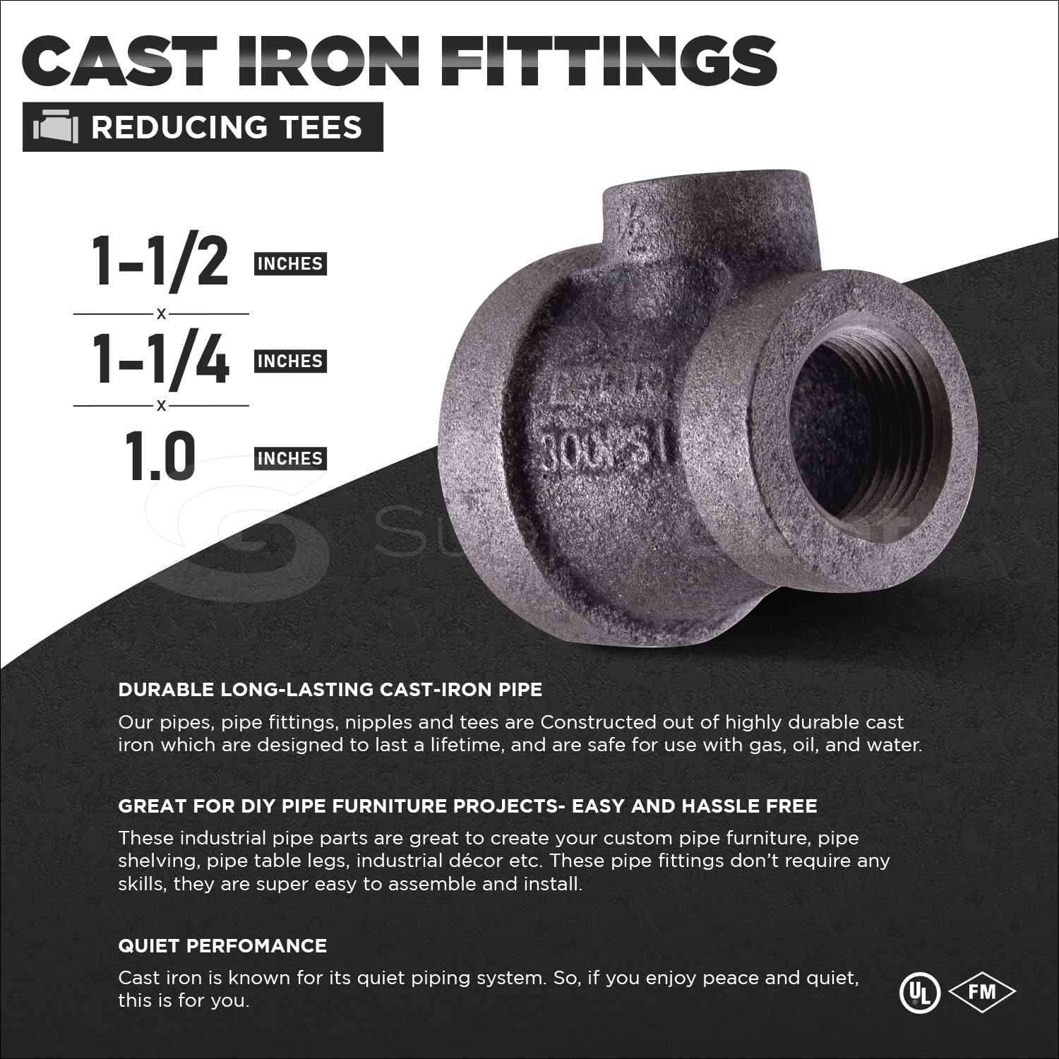 Supply Giant 1-1/2" x 1-1/4" x 1" BLack Pipe Fitting Reducing Tee Cast Iron