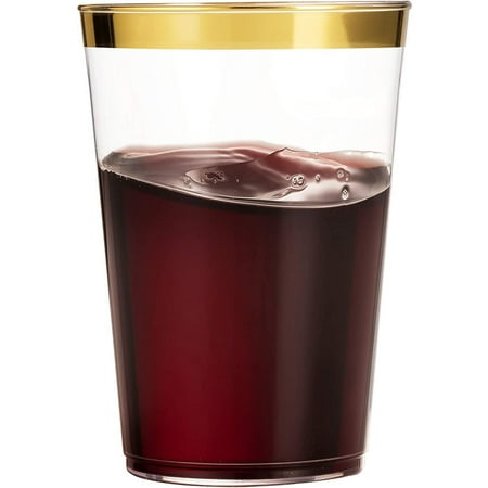 VeZee Simcha Collection 10oz. disposable Fancy Gold Rim Clear hard Plastic Tumblers/Cups for Wedding Elegant Party & All Occasions.:100CT