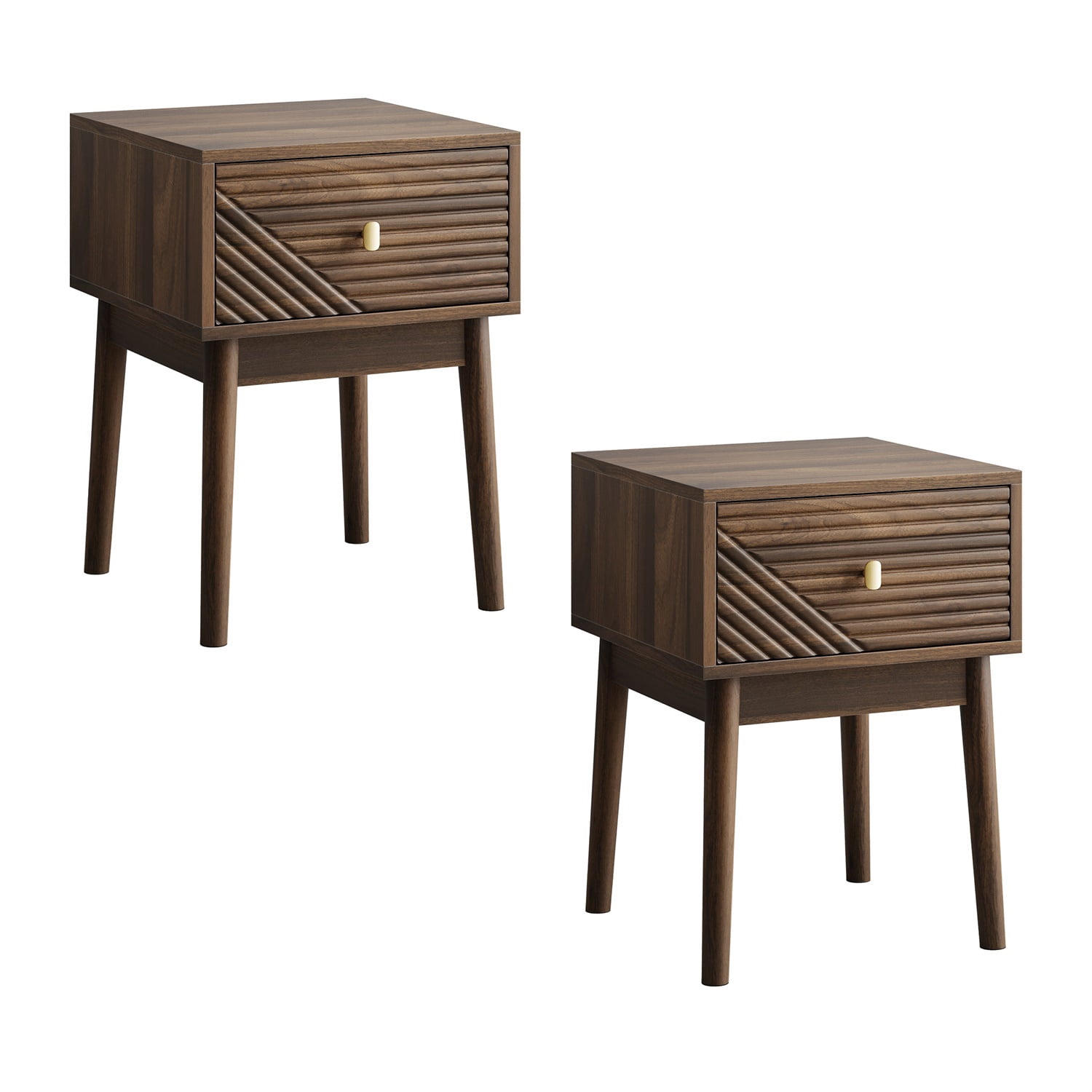 Hommoo Modern Bedside Table Set with Metal Handles, Wooden Nightstand End Table for Living Room, Bedroom, Walnut