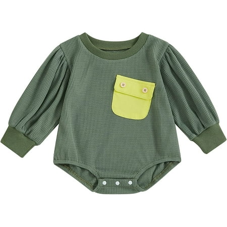 

PIKADINGNIS Newborn Baby Girl Boy Fall Winter Clothes Waffle Knit Long Sleeve Crewneck Pocket Romper Jumpsuit Pullover Bodysuit