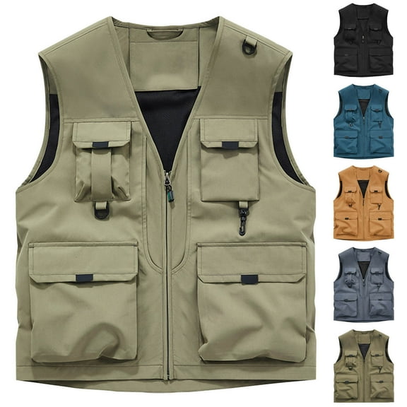 RYDCOT Men's Utility Fishing Vest Waterproof Lightweight Outdoor Work Sai Travel Cargo Vest with Multi-Pockets Khaki