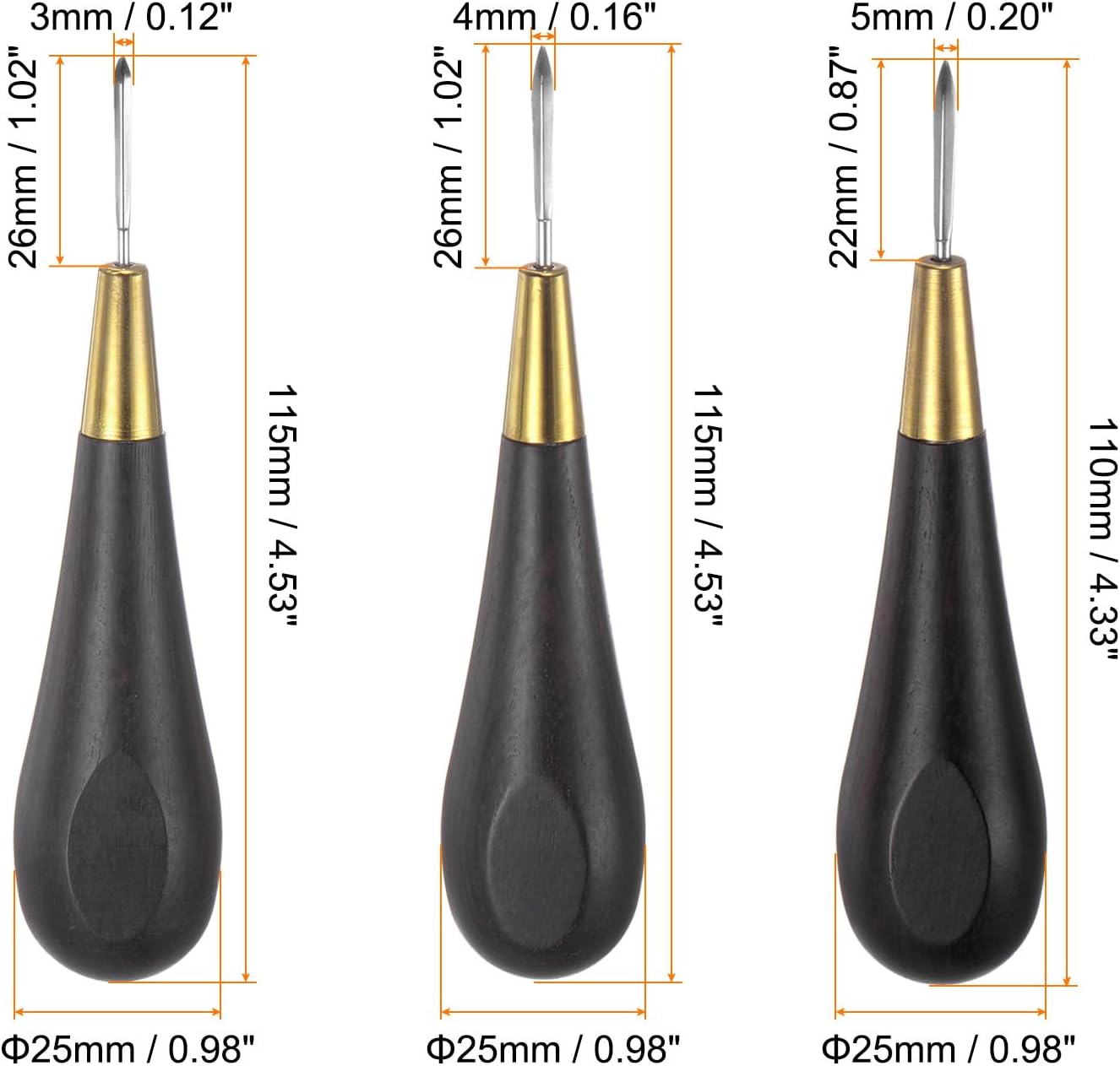 ABPETE Handwork Sewing Awl Set 3-5mm Rhombus Curved Taper Stitch Leather Punch Hole Kit Tool with Wooden Handle Scratch for Leather Craft Drilling Stitching Repair and DIY Handmade, Black
