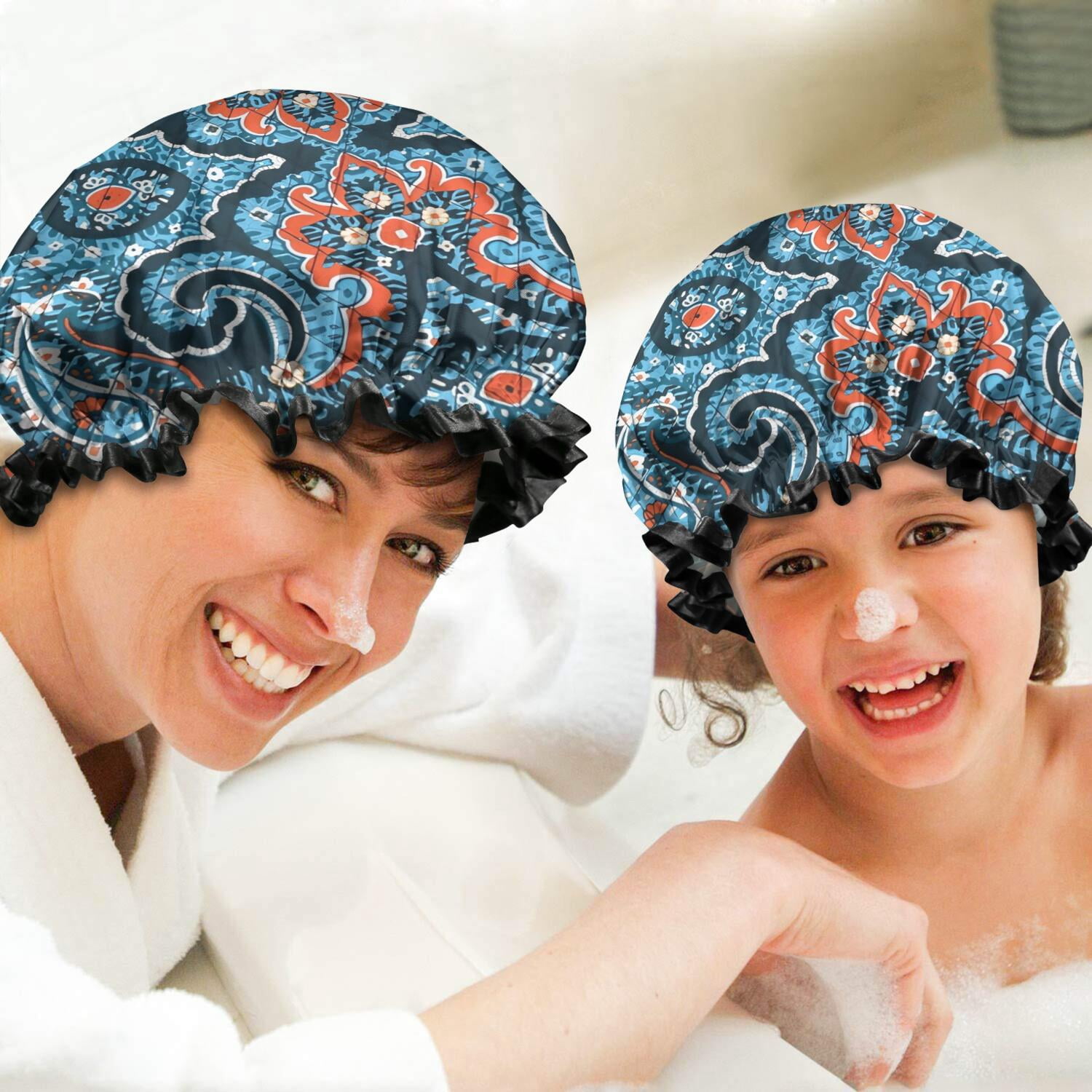 Shower Caps,Blue Ethnic Paisley Pattern Waterproof Shower Cap for Women 4 Pieces,Double Reusable Hair Cover for Shower PEVA Elastic Stretch Hem