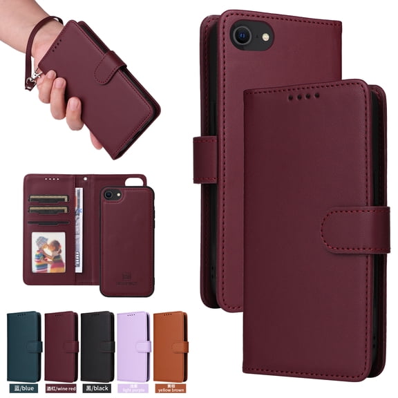 for iPhone 16 Plus Phone Case Wallet & Cash Slot,Flip Kickstand Cover [2 in 1 Detachable Credit Card Holders] Premium PU Leather Purse Wrist Strap Case for iPhone 16 Plus,Winered