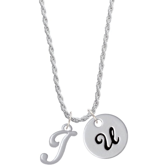 Delight Jewelry Silvertone Small Gelato Script Initial - I - Silvertone Script Initial Disc - U - Charm Necklace, 20"+3"