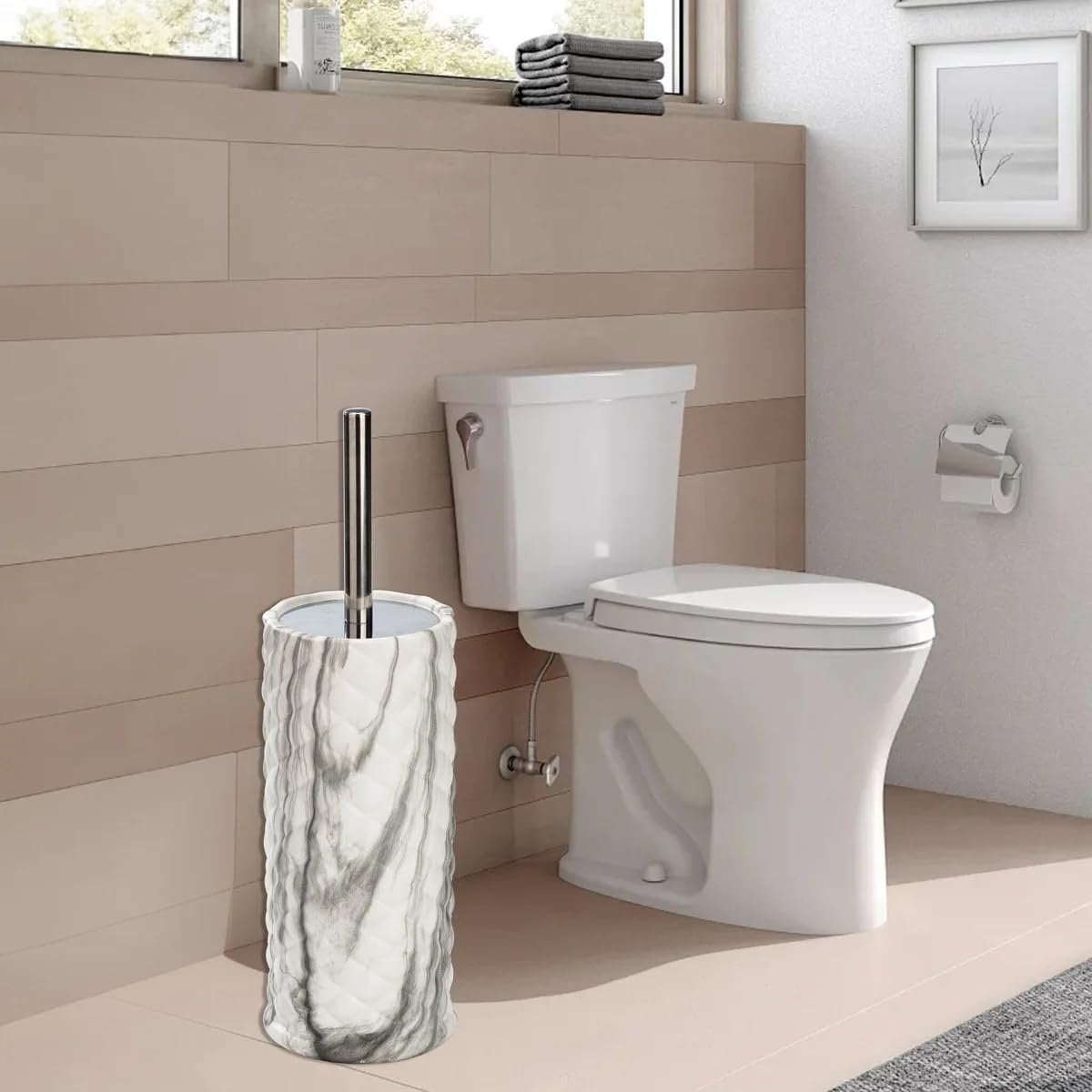 J&V TEXTILES Ceramic Toilet Brush, Toilet Bowl Brush with Extra Long Handle Durable Bristles Toilet Scrubber and Covered Holder for Toilet Brush Set for Bathroom Cleaning Chrome/Marble