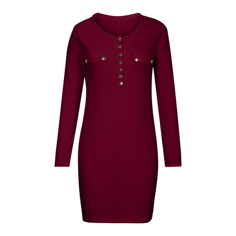 cfhntfmh Womens Ribbed Knit Dress Collared Long Sleeve Front Buttons down  Shirts Dress Slim Casual Plain Bodycon Dress - Walmart.com