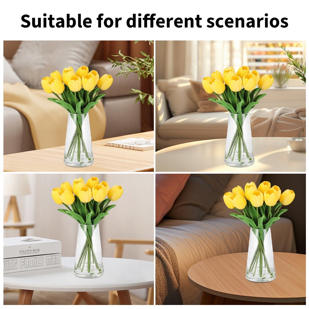 Artificial Yellow Tulips Flowers with Glass Vase, 14" Lifelike Fake Floral Arrangement for Home Office Dining Table Decor, Wedding Centerpiece