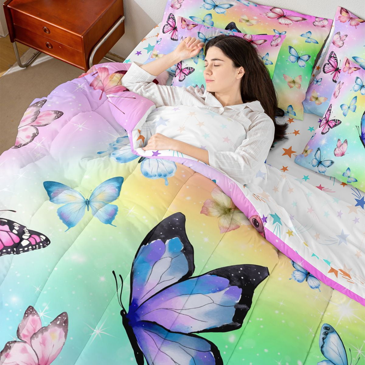 Homewish Colorful Butterflies 7-Piece Bedding Comforter Set For Children Kids Teens,Dreamy Princess King Bedding Sets,Abstract Gradient Ombre Ultra Soft Bed Sheets,Luxury Bedroom Decor,Reversible
