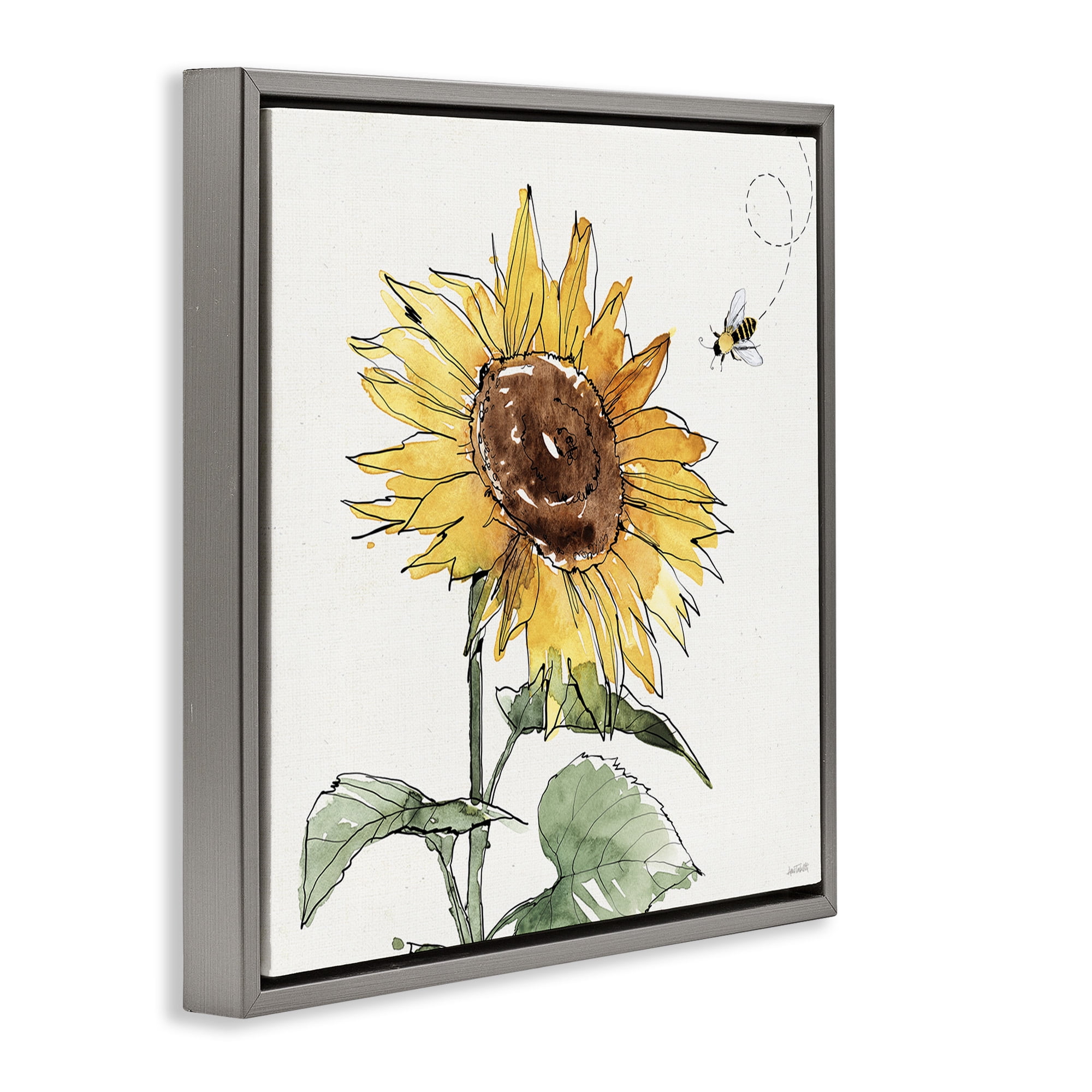 Stupell Industries Cheerful Sunflower Buzzing Bee Botanical & Floral Painting Gray Floater Framed Canvas Art Print Wall Art, 18 x 18