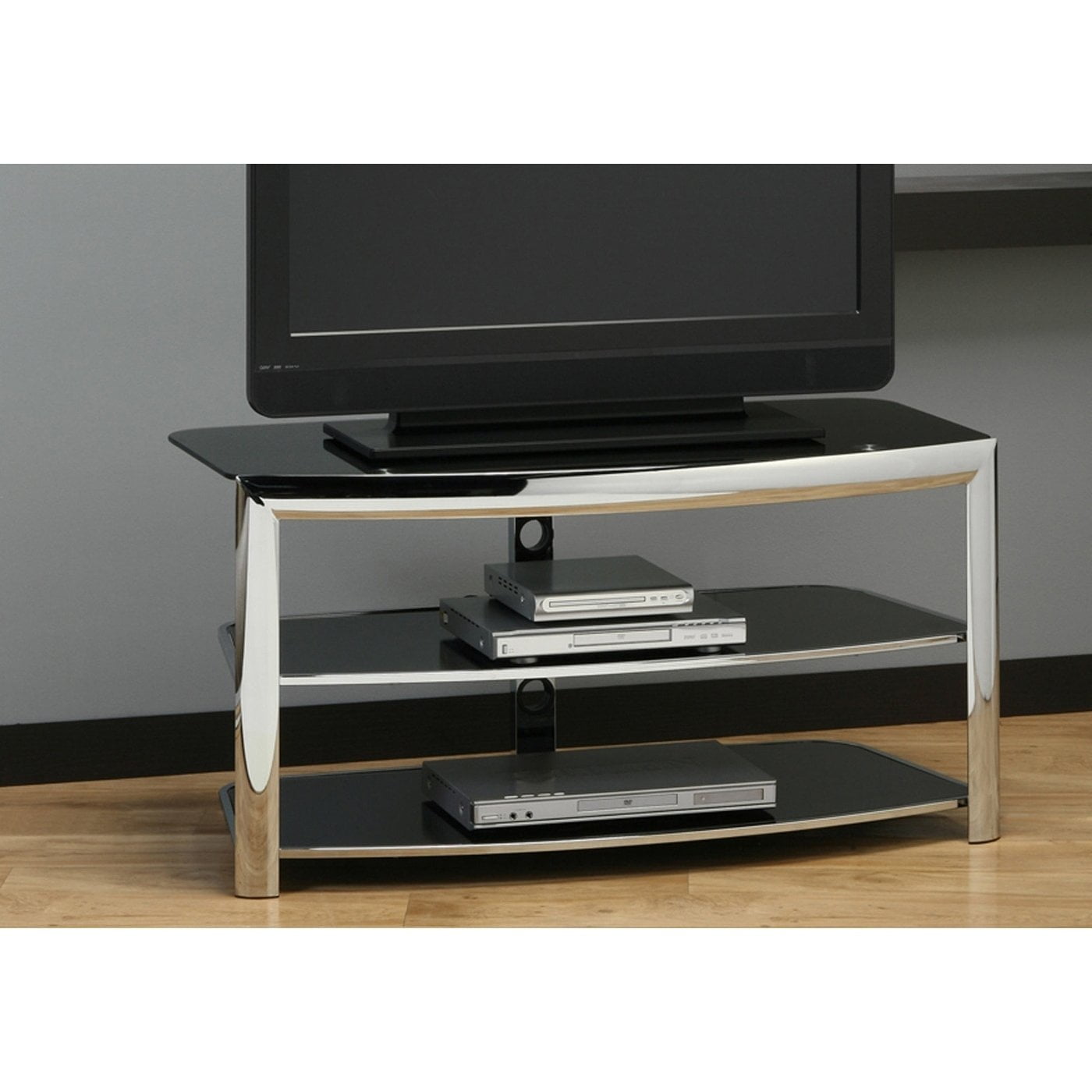 TV STAND CHROME METAL / BLACK TEMPERED GLASS