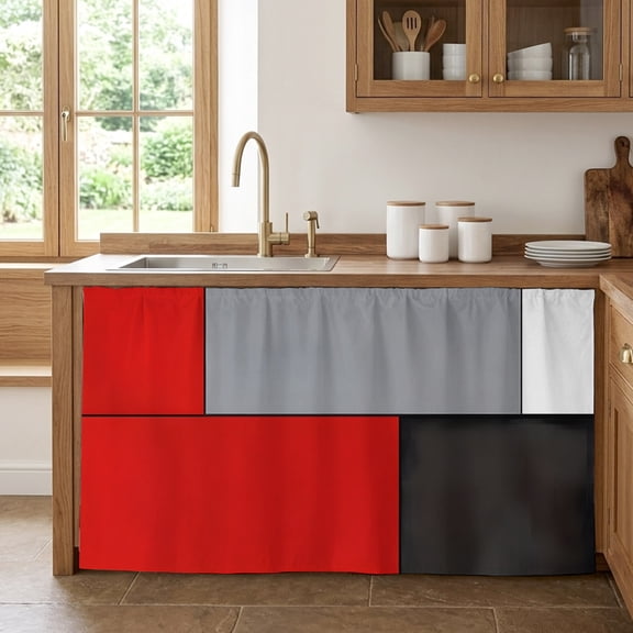 Red Grey Geometric Cabinet Curtains 32"W x 55"L, Modern Black White Abstract Art Sink Skirt for Bathroom Kitchen Self Adhesive, Desk Privacy Short Curtain for Closet Shelves Laundry Room