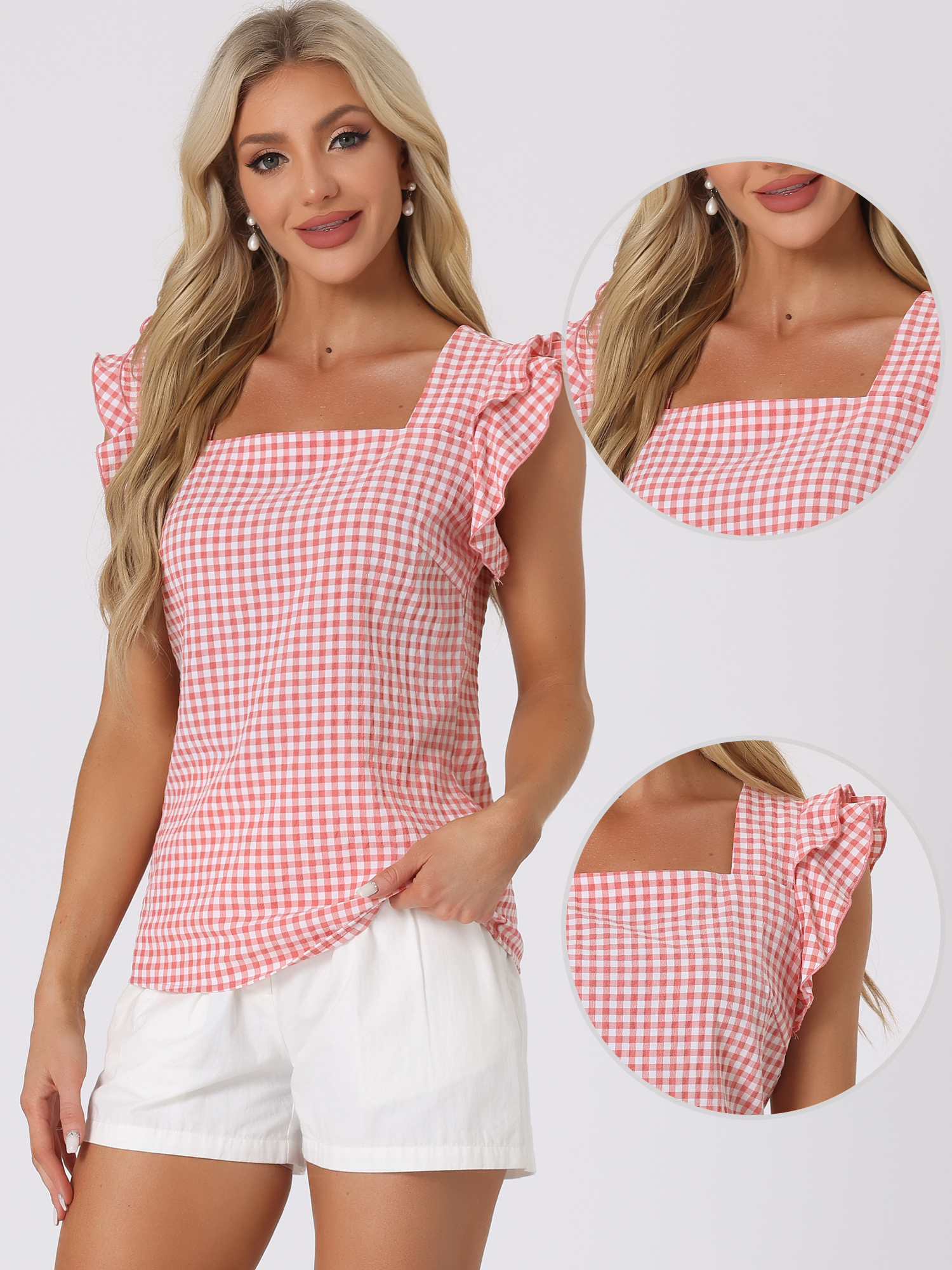 DARING DIVA Square Neck Ruffle Sleeve Blouse S Pink