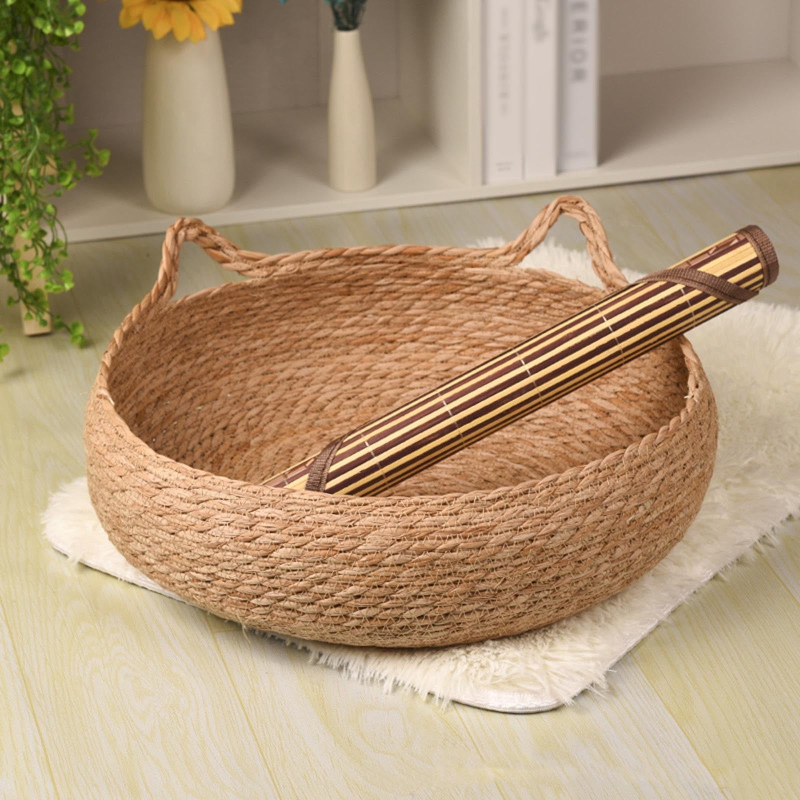 Woven Straw Cat Bed - 2025 New Natural Rattan Round Pet Basket, Cooling Cat House & Small Dog Bed, Furniture Protective Scratch Mat for Indoor Pets