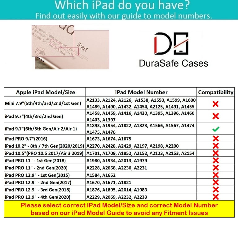 DuraSafe Cases iPad 6 5 Air 1a 2a generazione 9,7 pollici [Air 1 2 iPad 6a 5a ] MRJN2LL/A MR7G2LL/A MR7F2LL/A MP2F2LL/A MP2G2LL/A MPGT2LL/A MGLW2LL/A MGL12LL/A MH0W2LL/A, cover posteriore rigida