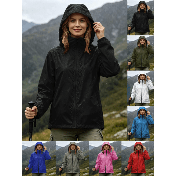 Liuinsasek Women's Windbreaker Jacket Long Sleeves Hooded Lightweight Waterproof Rain Jacket Fashion Solid Color Long Sleeve Pocket Zipper Outdoor Hiking and Mountain Climbing Jacket