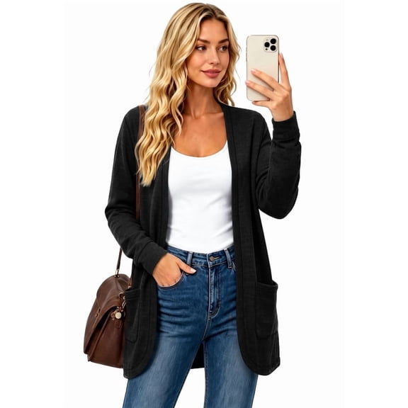 WIHOLL Lightweight Cardigan for Women Long Sleeve Cardigans Fall Casual Open Front Tops with Pockets Black