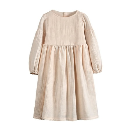 

GWAABD Dresses for Kids Girls Beige Cotton Blend Kids Children s Summer Long Sleeve Solid Color Casual Dress for Girls Clothing Fashion 5T