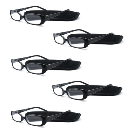 EYE ZOOM 5 Pack Plastic frame Fashion Design Reading Glasses with Pouch for Women (Black, Strength: +1.50)