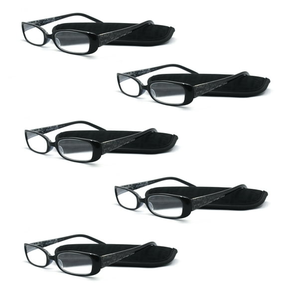 EYE ZOOM 5 Pack Plastic frame Fashion Design Reading Glasses with Pouch for Women (Black, Strength: 1.00)