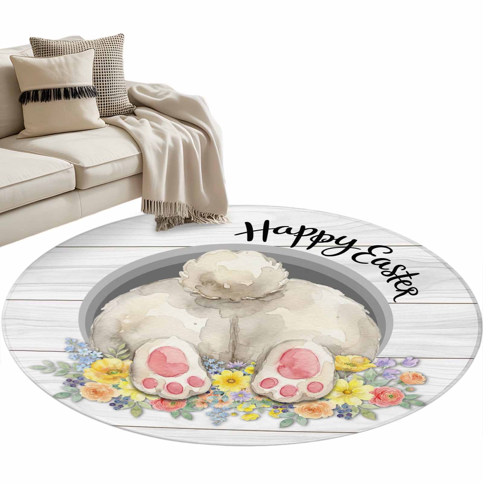 Round Area Rug 4ft Happy Easter Watercolor Bunny Tail Non-Slip Non-Shedding Floor Mat Spring Flower on Wooden Washable Sturdy Carpet for Living Room Bedroom Home Decor