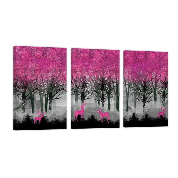 Cuadro Decorativo Tríptico Vertical Venado Rosa Árbol Canvas Revolution Set De 3 Cuadros 30x45 cm