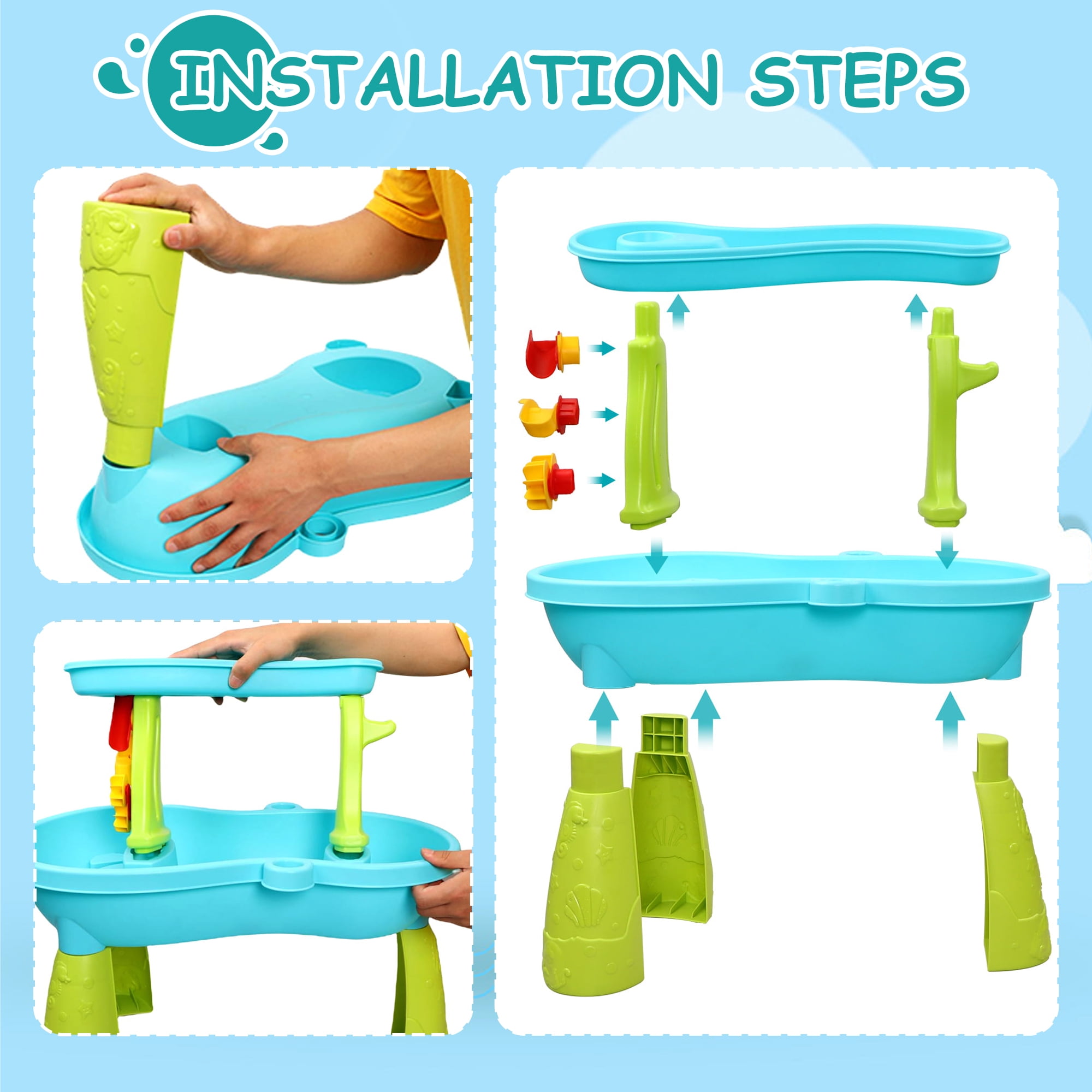Water Tables For Toddlers, 2 In 1 Sand And Water Tables For Kids, Rain Showers Pond Water Sensory Tables Summer Outside Toys With 12 Piece Colorful Accessories, Gift For Boys Girls Kids Age 1-3 3-5