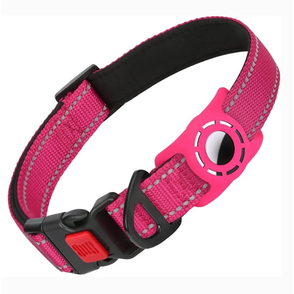 Airtag Dog Collar with Holder, Reflective, Soft Padded & Safety Locking Buckle, Adjustable Nylon Pet Collar, Hotpink