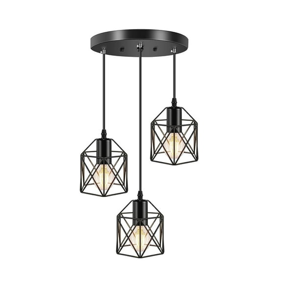 Industrial 3-Light Pendant Light Adjustable Hanging Light Fixture with Cage Shade Pendant Lighting Vintage Farmhouse Ceiling Lamp for Kitchen Dining Room E26 Base, Black