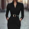 thumbnail image 4 of MORTTIC Women's Solid Color V-Neck Long Sleeve with Pockets and Belt Spring Fall Office Wear Midi Bodycon Dress Black，S, 4 of 6