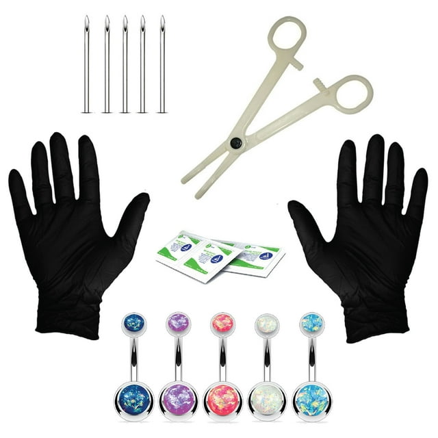 BodyJ4You 15PCS Professional Piercing Kit Steel 14G Double Created-Opal Belly Navel Ring Body Piercing Set