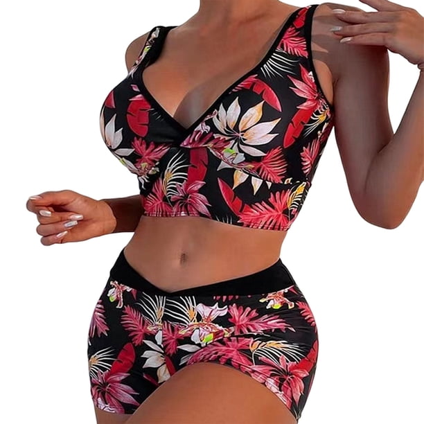 Gibobby Conjunto de traje de baño de bikini Bikini de cintura alta para mujer, bañadores sexys de dos piezas con realce, traje de baño Vintage, conjunto (Rojo,XL)