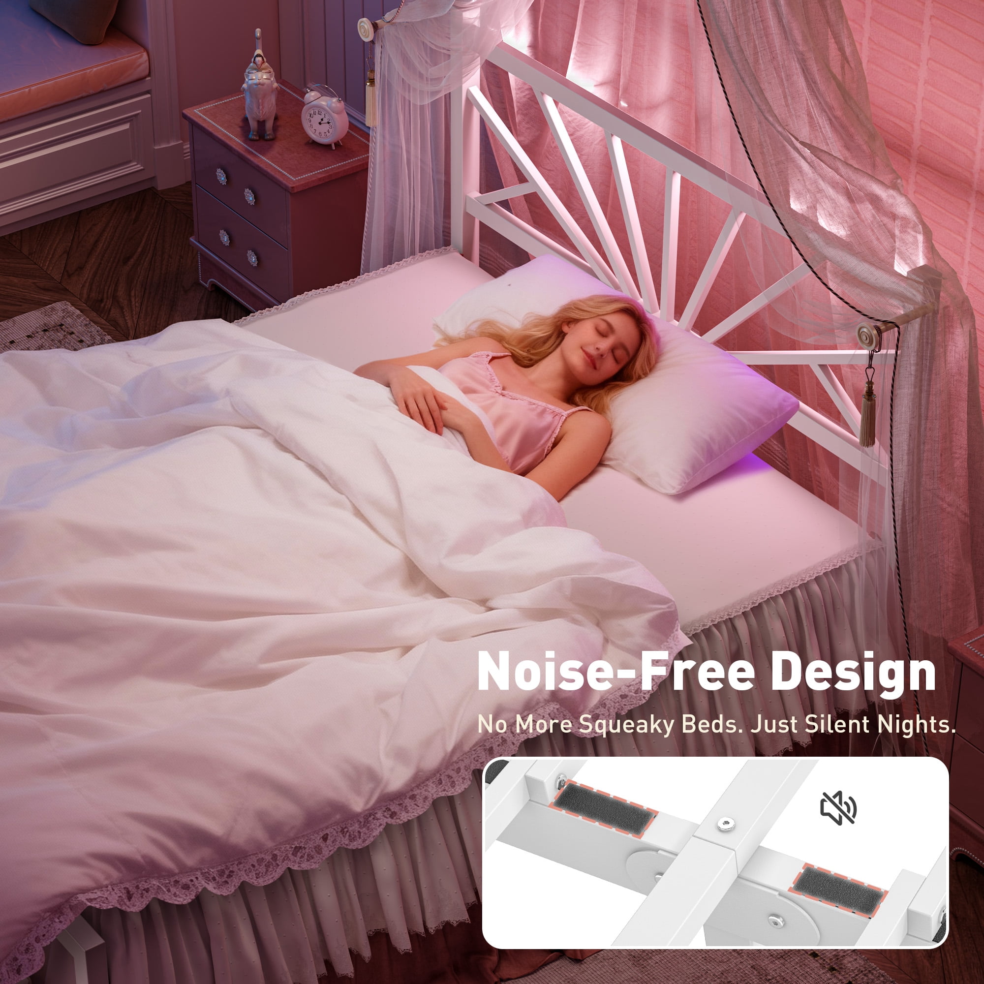 Full Size Metal Bed Frame with Headboard Metal Platform & LED Lights & Storage Underbed, Noise Free, No Box Spring, White