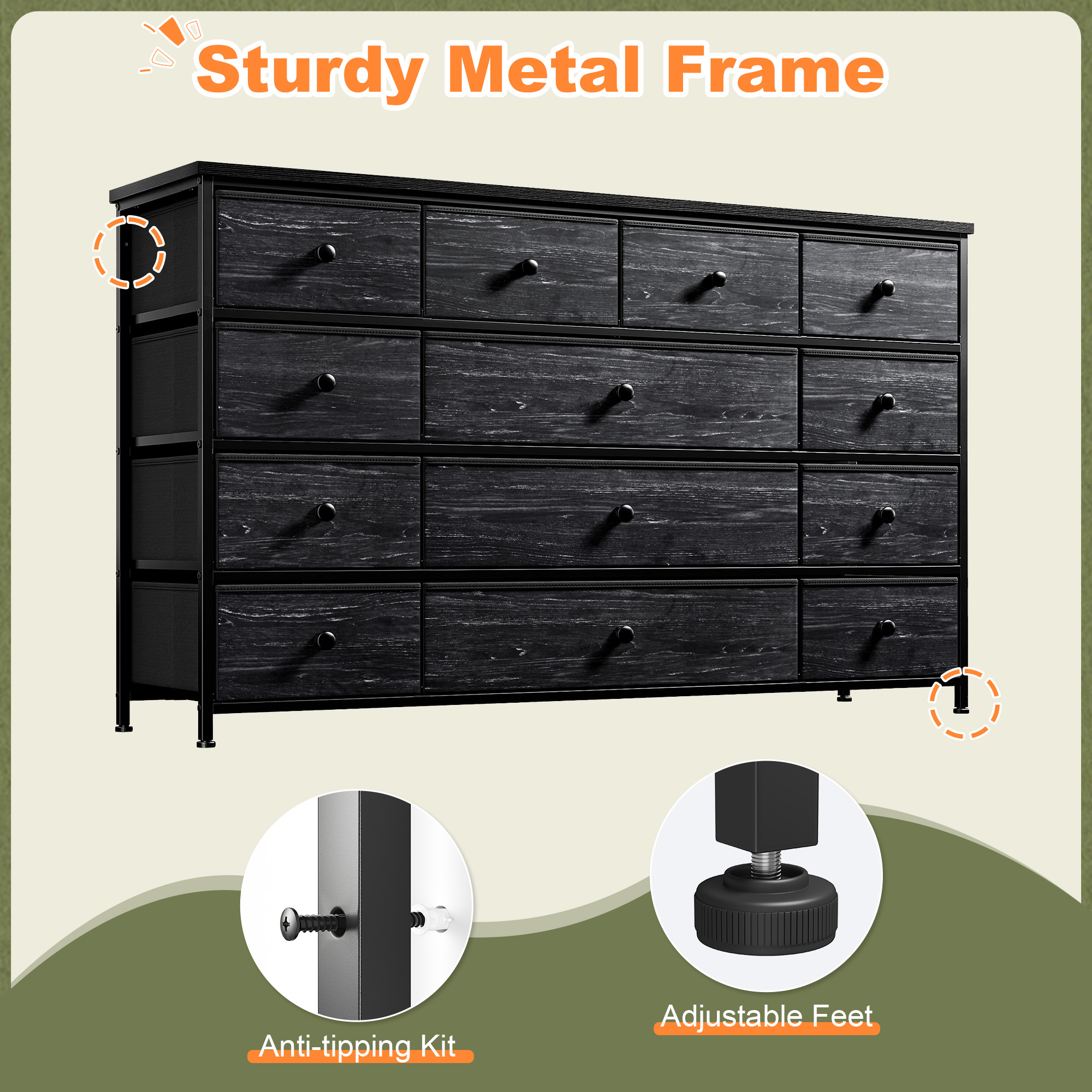 Romorgniz Dresser TV Stand, 13 Drawer Dressers for Bedroom, Chest of Drawers for 45" Long TV, Fabric Dresser for Storage, Black