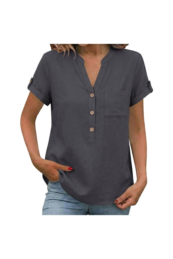 Womens Summer Tops Cotton Linen T-Shirt Button V Neck Roll Up Short Sleeve Tunic Top Henley Shirts Plain Lightweight Casual Blouse for Women Casual Smart Dressy Office Work Blouses Going Out Tops
